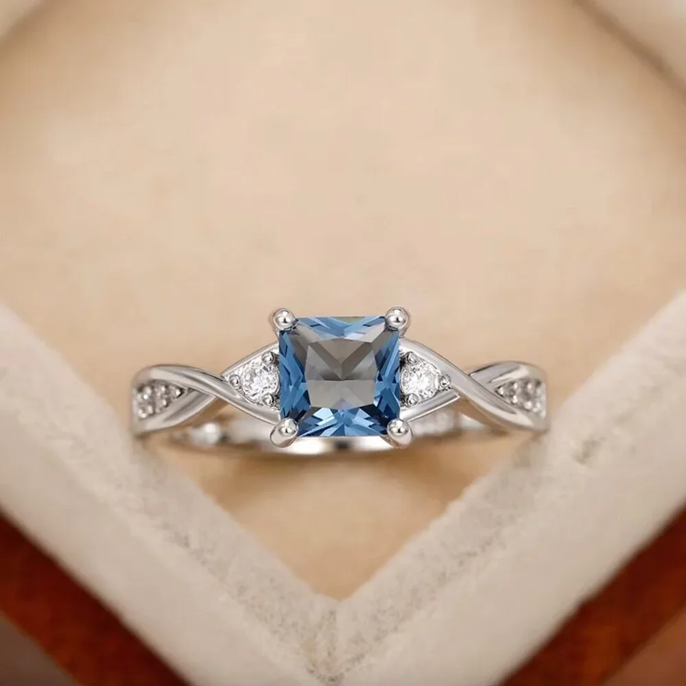 NEW 18k White Gold Blue Sapphire Princess Cut Diamond Ring